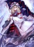  banned_artist blonde_hair bow colorized dress hair_bow hair_ornament hat hat_bow kozou_(soumuden) long_hair long_sleeves looking_at_viewer mob_cap red_eyes simple_background sketch smile solo tabard touhou umbrella white_dress wide_sleeves yakumo_yukari 