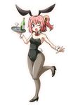  ;d animal_ears bell bottle bow bowtie bunny_ears bunny_girl bunny_tail bunnysuit fake_animal_ears fake_tail hair_bell hair_ornament high_heels kousei_(public_planet) motoori_kosuzu one_eye_closed open_mouth pantyhose red_eyes red_hair smile standing standing_on_one_leg tail touhou tray two_side_up wrist_cuffs 