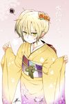  alternate_costume blonde_hair floral_print flower green_eyes hair_flower hair_ornament happy_new_year highres japanese_clothes kimono long_sleeves looking_at_viewer mizuhashi_parsee new_year obi sash solo squiggle sweatdrop touhou tsukigi wide_sleeves 