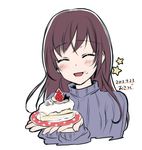  blush brown_hair cake closed_eyes dated facing_viewer food fruit in_palm long_hair open_mouth simple_background smile solo star strawberry takeuchi_aya white_background 