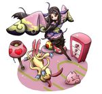  bad_id bad_pixiv_id black_hair clefairy gen_1_pokemon gen_6_pokemon gym_leader hair_ornament highres japanese_clothes kimono komachipure long_hair mache_(pokemon) pokemon pokemon_(creature) pokemon_(game) pokemon_xy sylveon 