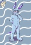  balls barefoot big_ears blue_fur blush colored cub fur green_eyes grin happy lagomorph looking_at_viewer male mammal markings mene menebunny mustelid nude otter paws purple_fur rabbit sheath smile solo thick_tail young 