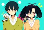  2girls ? bad_id bad_pixiv_id black_hair blush ene_(kagerou_project) enomoto_takane headphones kagerou_project kokonose_haruka konoha_(kagerou_project) long_hair meiji_(meeeeji) mole mole_under_eye multiple_boys multiple_girls red_eyes school_uniform short_hair twintails white_hair yuukei_yesterday_(vocaloid) 