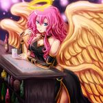  alcohol angel angel_wings archangel_metatron_(p&amp;d) blue_eyes cleavage_cutout dashinoya halo long_hair pink_hair puzzle_&amp;_dragons solo wings 