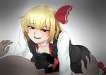  all_fours blonde_hair blouse boy_on_top censored faceless faceless_male flat_chest frilled_skirt frills genderswap genderswap_(ftm) hair_ribbon male_focus multiple_boys naughty_face nicutoka open_clothes open_mouth red_eyes ribbon rumia short_hair skirt smile touhou vest yaoi 