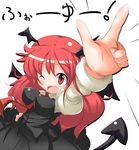  bat_wings breasts demon_girl demon_tail head_wings kikurage_(sugi222) koakuma long_hair long_sleeves medium_breasts necktie one_eye_closed open_mouth perky_breasts red_eyes red_hair red_neckwear shirt skirt skirt_set smile solo tail touhou v vest wings 