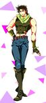  bad_id bad_twitter_id boots brown_hair contrapposto fingerless_gloves full_body gloves green_eyes jojo_no_kimyou_na_bouken joseph_joestar_(young) male_focus midriff satou_shouyu scarf simple_background solo standing 