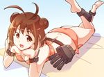  :d antenna_hair barefoot bikini brown_eyes brown_hair chin_rest double_bun e20 kantai_collection legs_up lying naka_(kantai_collection) on_stomach open_mouth short_hair smile solo swimsuit the_pose 