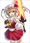  ascot bad_id bad_pixiv_id blonde_hair dress flandre_scarlet laevatein long_hair open_mouth red_eyes side_ponytail simple_background smile solo stuffed_animal stuffed_toy sword takemori_shintarou teddy_bear touhou weapon white_background wings 