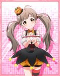  ahoge blush brown_eyes brown_hair hakozaki_serika halloween halloween_tricker_(idolmaster) head_tilt idolmaster idolmaster_million_live! jack-o'-lantern looking_at_viewer official_art smile solo twintails 