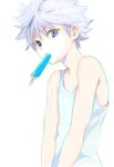  1boy blue_eyes child hunter_x_hunter killua_zoldyck kintsuku male male_focus popsicle rough shirt simple_background sleeveless sleeveless_shirt solo tsukuru_(seki_sabato) white_background white_hair 