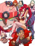  5boys arms_up bikini_top blue_hair boota boots cape cleaning crossed_legs darry_adai gimmy green_hair kamina kan lagann leeron mecha multiple_boys multiple_girls orange_hair pink_hair ponytail red_hair rossiu scarf simon sitting sitting_on_person stuffed_toy tengen_toppa_gurren_lagann thighhighs yoko_littner 