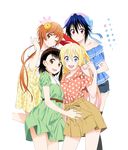  :d ;) bare_shoulders black_legwear blonde_hair blue_eyes blue_hair brown_eyes brown_hair casual cutoffs floral_print flower green_skirt hair_flower hair_ornament half_updo hand_on_another's_shoulder hat kirisaki_chitoge mole mole_under_eye multiple_girls nisekoi official_art one_eye_closed onodera_kosaki open_mouth polka_dot ponytail red_eyes ribbon skirt smile sugiyama_nobuhiro tachibana_marika thighhighs transparent_background tsugumi_seishirou 