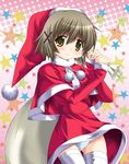  brown_eyes brown_hair hair_ornament hairclip hidamari_sketch highres kohakugin panties pantyshot sack santa_costume short_hair smile solo star starry_background striped striped_panties thighhighs underwear x_hair_ornament yuno 