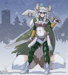  anthro barbarian bra cape clothing dual_wielding female flag helmet high_heels hilda horn legwear looking_at_viewer mammal multiple_tails red_eyes red_panda smile snow solo stockings sword thong tower underwear viking weapon winter wolfy-nail 