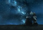  1boy 1girl artist_request black_hair blonde_hair cloud_strife couple final_fantasy final_fantasy_vii from_behind hug long_hair midriff night on_ground outdoors sitting sky star star_(sky) starry_sky stars tifa_lockhart vcvtv 