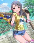  artist_request blue_hair blush elbow_pads fingerless_gloves gloves gym_shorts hair_ornament heart idolmaster idolmaster_million_live! knee_pads long_hair looking_at_viewer official_art open_mouth red_eyes shorts solo takayama_sayoko water_gun 