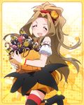  :d ^_^ blush brown_hair candy closed_eyes food hairband halloween halloween_tricker_(idolmaster) idolmaster idolmaster_million_live! jack-o'-lantern long_hair nikaidou_chizuru official_art open_mouth single_thighhigh smile solo thighhighs yellow_background 