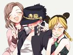  2girls bad_id bad_pixiv_id black_hair blonde_hair blush brown_hair extacchiman family hat jojo_no_kimyou_na_bouken kuujou_holly kuujou_jolyne kuujou_joutarou multicolored_hair multiple_girls time_paradox two-tone_hair v 