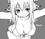  :p bikini breasts character_name cleavage grey_background greyscale headphones large_breasts long_hair looking_at_viewer monochrome nitroplus sky_(freedom) solo string_bikini super_sonico swimsuit tongue tongue_out 