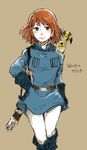  animal animal_on_shoulder belt blue_footwear blue_gloves blush boots brown_eyes brown_hair closed_mouth cowboy_shot dress earrings gloves hand_on_hip jewelry kaze_no_tani_no_nausicaa light_smile long_sleeves looking_at_viewer nausicaa pantyhose short_hair simple_background smile solo translated uzaki_(jiro) walking weapon white_dress white_legwear 