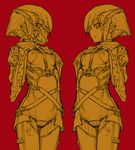  armor bodysuit cyborg ear_piercing gas_mask hair_ornament hands_on_own_chest kikai_(akita_morgue) looking_down mask piercing strap 