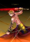  arkray blonde_hair chain ea_(fate/stay_night) earrings enkidu_(weapon) fate/extra fate/extra_ccc fate_(series) gilgamesh highres jewelry male_focus necklace red_eyes solo tattoo 