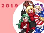  2019 3girls ;d american_flag_jacket american_flag_legwear animal animal_ears arm_up arms_up bangs black_jacket black_legwear blonde_hair boar clownpiece commentary_request fang fangs fur_collar green_eyes green_hair grin hat holding holding_animal horn jacket jester_cap kameyan komano_aun long_hair long_sleeves looking_at_viewer multiple_girls new_year one_eye_closed open_mouth pantyhose pink_background polka_dot purple_eyes red_eyes red_jacket red_scarf revision rumia scarf short_hair smile star star-shaped_pupils symbol-shaped_pupils thighhighs touhou v zipper 