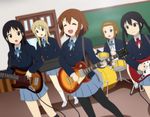  akiyama_mio black_eyes black_hair blonde_hair blue_eyes brown_eyes brown_hair chalkboard drum drum_set electric_guitar guitar hirasawa_yui instrument k-on! kotobuki_tsumugi long_hair multiple_girls nakano_azusa pantyhose qwer sakuragaoka_high_school_uniform school_uniform short_hair synthesizer tainaka_ritsu 