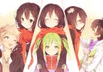  2girls ayano_no_koufuku_riron_(vocaloid) bad_id bad_pixiv_id black_hair brown_eyes brown_hair cat closed_eyes green_eyes green_hair hair_ornament hairclip hood hoodie kagerou_project kano_shuuya kido_tsubomi long_hair mery_(apfl0515) multiple_boys multiple_girls multiple_persona red_scarf scarf school_uniform seto_kousuke short_hair smile tateyama_ayano twintails younger 