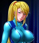  blonde_hair blush bodysuit breasts collarbone covered_nipples green_eyes highres hyoukai large_breasts lips long_hair metroid nose ponytail samus_aran scrunchie skin_tight solo zero_suit 