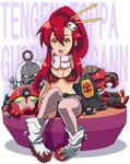  bikini_top boots breasts enki_(gurren_lagann) gloves gurren hair_ornament kan lagann long_hair mecha medium_breasts navel ponytail red_hair scarf shorts skull_hair_ornament solo tengen_toppa_gurren_lagann thighhighs yellow_eyes yoko_littner 