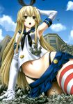  :o absurdres aircraft airplane anchor blonde_hair building cloud day eichikei_(hakuto) elbow_gloves giantess gloves green_eyes ground_vehicle highres kantai_collection lamppost long_hair midriff military military_vehicle motor_vehicle navel open_mouth ribbon shimakaze_(kantai_collection) sky solo striped striped_legwear tank thighhighs white_gloves 