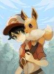  1boy baseball_cap black_hair blue_sky closed_mouth creatures_(company) eevee game_freak gen_1_pokemon hat jacket kakeru_(pokemon) looking_at_another male_focus morufa nintendo pokemon pokemon_(game) pokemon_lgpe pokemon_on_shoulder short_sleeves sky smile tree 