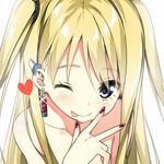  ;p blonde_hair blue_eyes heart long_hair nail_polish one_eye_closed original sky_(freedom) smile solo tongue tongue_out topless twintails 