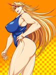  1girl blonde_hair breasts ginnyo horn hoshiguma_yuugi large_breasts legs long_hair muscle solo swimsuit thick_thighs thighs touhou 