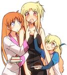  :o blonde_hair blue_eyes breasts cake cherry cowboy_shot fate_testarossa feeding food fruit green_eyes height_difference heterochromia hug long_hair lowres lyrical_nanoha mahou_shoujo_lyrical_nanoha_vivid medium_breasts multiple_girls namuru open_mouth plate raglan_sleeves red_eyes shirt short_sleeves simple_background t-shirt takamachi_nanoha vivio white_background 