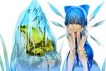  1girl aritoki_ritsu blue_dress blue_eyes blue_hair bow cirno dress frog frozen frozen_frog hair_ribbon hand_on_own_face ice ice_wings looking_at_another puffy_sleeves ribbon shirt short_hair short_sleeves simple_background sitting sitting_on_rock smile solo text_focus touhou white_background white_shirt wings 