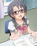  :d artist_request blue_hair bow glasses heart homework idolmaster idolmaster_million_live! long_hair looking_at_viewer official_art open_mouth pencil red_eyes school_uniform smile takayama_sayoko twintails 