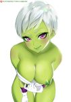  1girl armor bare_shoulders blush breasts cheelai cleavage collarbone dragon_ball dragon_ball_super dragon_ball_super_broly gloves green_skin large_breasts leaning_forward lips looking_at_viewer nipples one_breast_out patreon_username pulled_by_self purple_eyes short_hair silver_hair simple_background smile solo thigh_gap tofuubear white_background white_gloves 