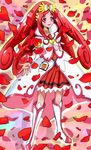  absurdres amawa_kazuhiro boots bow choker coat cure_ace curly_hair dokidoki!_precure dress flower full_body hair_bow highres knee_boots lipstick long_hair madoka_aguri magical_girl makeup petals precure puffy_sleeves red red_eyes red_flower red_hair red_rose red_skirt rose rose_petals skirt smile solo standing wrist_cuffs 