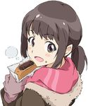  :d brown_hair eating food food_on_face green_eyes katayama_minami looking_back mittens open_mouth scarf smile solo twintails umanosuke wake_up_girls! 