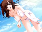  1girl bare_shoulders beach bikini black_eyes blush breasts brown_hair cleavage cloud clouds game_cg happy highres hourglass_(copyright) huge_breasts ichinomiya_shinobu insai_no_shima kinmedai_pink legs long_hair looking_at_viewer ocean sky smile solo standing swimsuit thighs water 