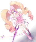  bad_id bad_pixiv_id big_hair blonde_hair boots bow breasts cleavage dress drill_hair earrings eyepatch full_body hair_bow harime_nui jewelry kill_la_kill life_fiber long_hair looking_at_viewer medium_breasts pink_bow pink_dress pink_footwear purple_eyes scissor_blade smile solo sparkle spoilers strapless strapless_dress thread twin_drills twintails walking wrist_cuffs you06 