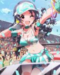  ;d armlet artist_request audience blue_hair blush bracelet confetti crop_top fingerless_gloves gloves headset heart idolmaster idolmaster_million_live! jewelry long_hair looking_at_viewer midriff navel necklace official_art one_eye_closed open_mouth race_queen red_eyes skirt smile takayama_sayoko visor_cap 