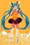  aqua_hair bad_id bad_pixiv_id boots closed_eyes copyright_name hand_on_own_chest hatsune_miku headphones highres hzrn_(ymj924) long_hair odds_&amp;_ends_(vocaloid) open_mouth outstretched_arm project_diva_(series) project_diva_f skirt solo thigh_boots thighhighs twintails very_long_hair vocaloid 