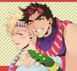  black_hair blonde_hair blue_eyes caesar_anthonio_zeppeli facial_mark fingerless_gloves gloves green_eyes headband jojo_no_kimyou_na_bouken joseph_joestar_(young) male_focus multiple_boys red_hair s_gentian scarf 