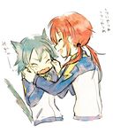  animal_ears bad_id bad_pixiv_id blush cat_ears cat_tail cheek_pinching closed_eyes fang inazuma_eleven_(series) inazuma_eleven_go jacket kariya_masaki kirino_ranmaru lowres male_focus multiple_boys open_mouth pinching raimon red_hair simple_background tail track_jacket translation_request twintails white_background yuhazu_(rhe-rhe) 