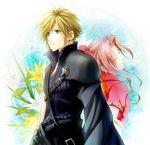 1boy 1girl aerith_gainsborough back-to-back blonde_hair blue_eyes brown_hair cloud_strife earrings eyes_closed final_fantasy final_fantasy_vii flower jewelry persia_(blue-sky) persia_fcfc 