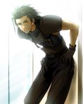  1boy black_hair blue_eyes earrings final_fantasy final_fantasy_vii gloves grin hand_on_hips jewelry leaning_forward looking_at_viewer male male_focus persia_(blue-sky) persia_fcfc smile solo standing zack_fair 